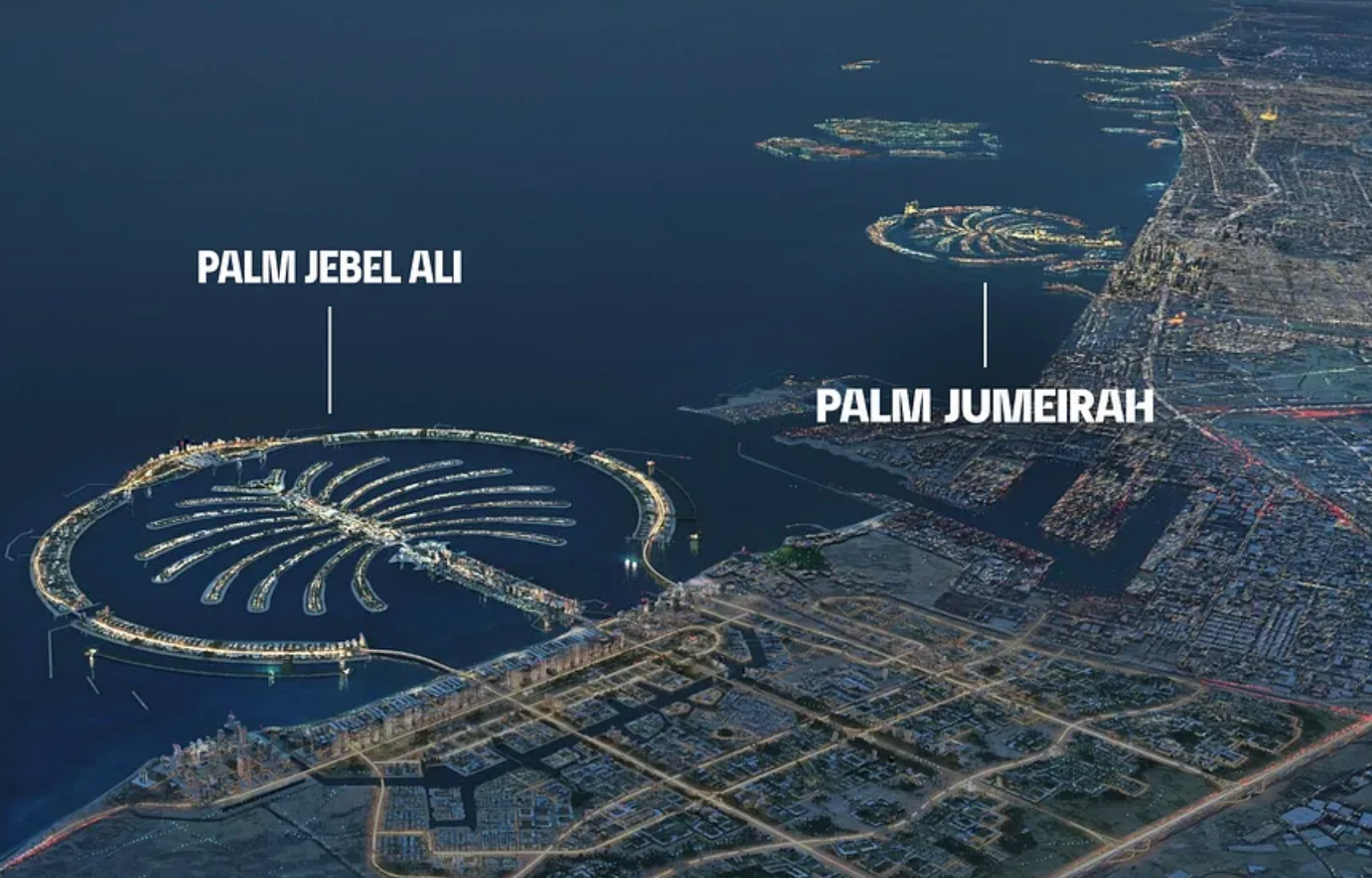 Aerial comparison map showcasing the scale difference between Palm Jumeirah and the massive Palm Jebel Ali development in Dubai.