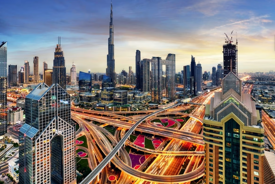 Modern luxury apartment building in Downtown Dubai during early evening