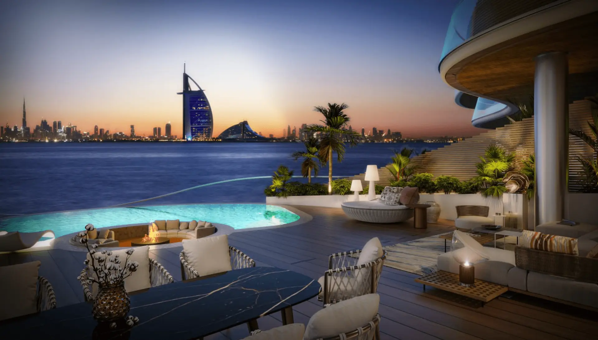 Private waterfront terrace with infinity pool overlooking Burj Al Arab and the Arabian Gulf.