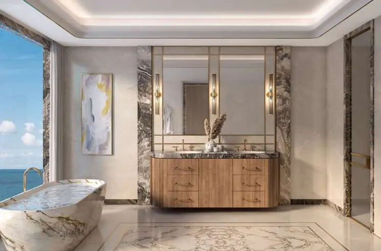Luxury marble bathroom overlooking the Arabian Gulf at One Crescent Palm.