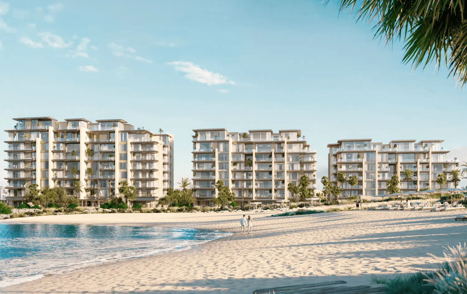 Panoramic beachfront lagoon and Dubai skyline views from Solaya residences.