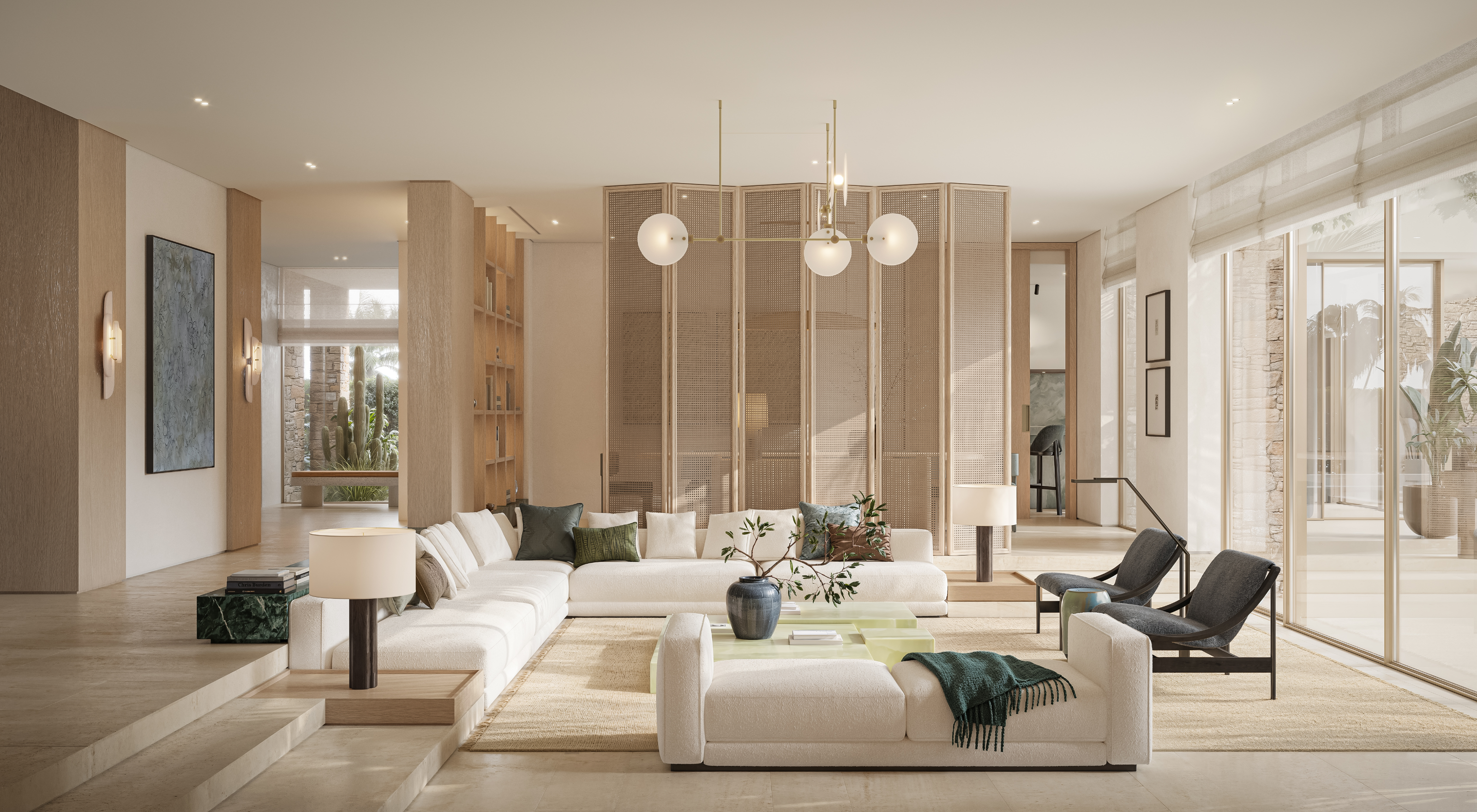 Open-plan living room with floor-to-ceiling windows overlooking the landscaped gardens.
