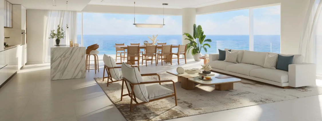 Open-plan waterfront living and dining area with panoramic views and floor-to-cieiling windows.