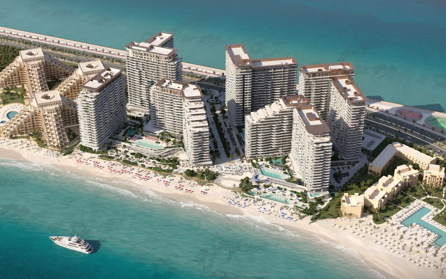 Bird’s-eye beachfront view of Nikki Beach Residences overlooking Al Marjan Island.