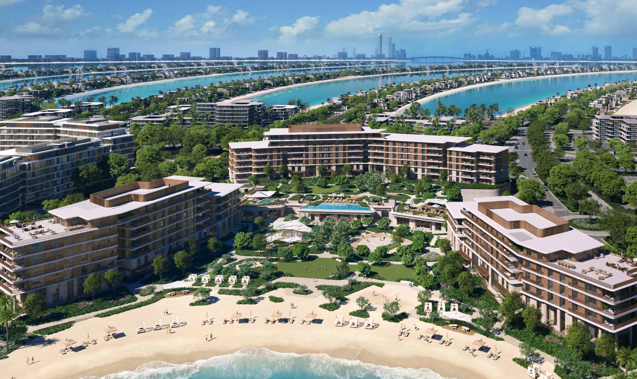 Aerial view of Palm Jebel Ali waterfront residences with beachfront townhouses and coastal masterplan.