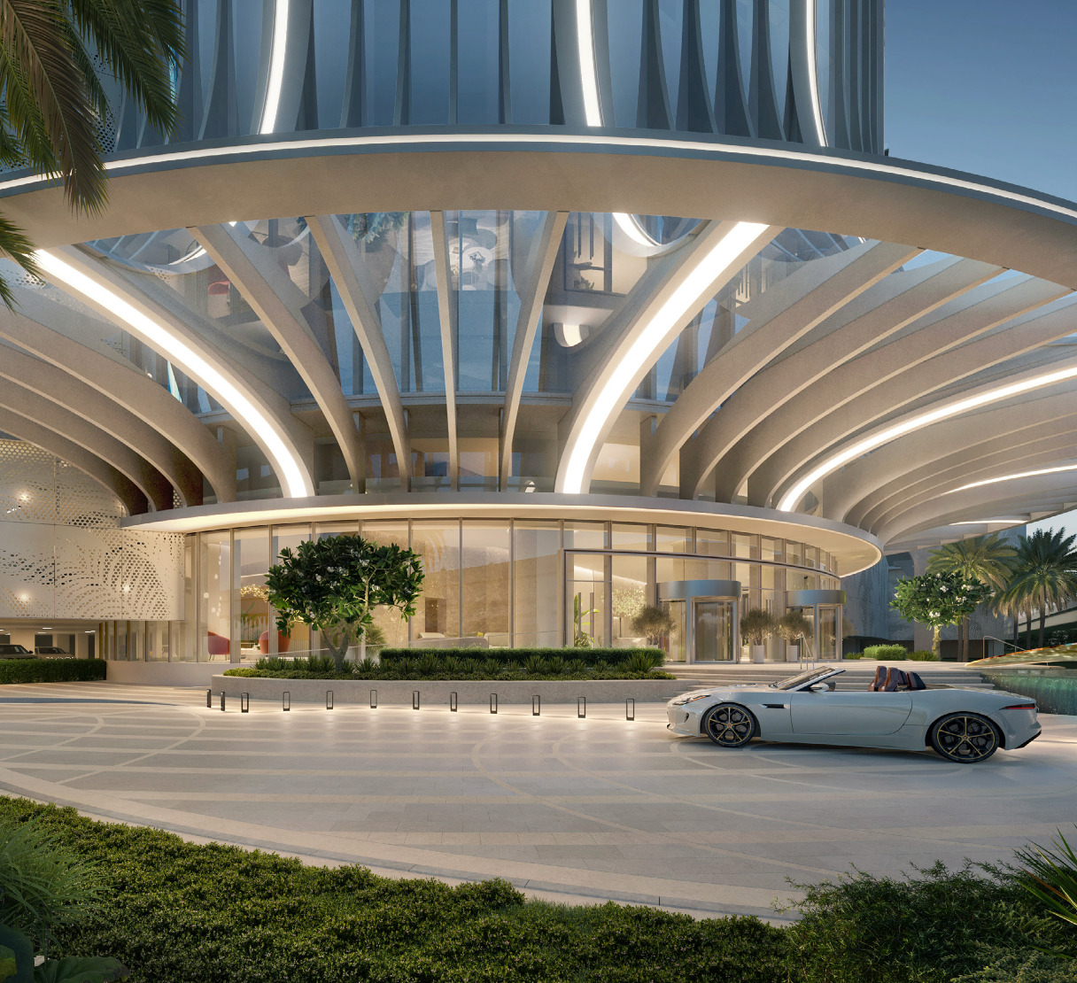 Luxury exterior view of Palm Beach Tower with contemporary waterfront architecture and private arrival driveway.