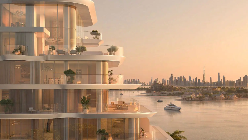 Waterfront terrace at Passo by Beyond overlooking yachts, Palm Jumeirah and the Dubai skyline.