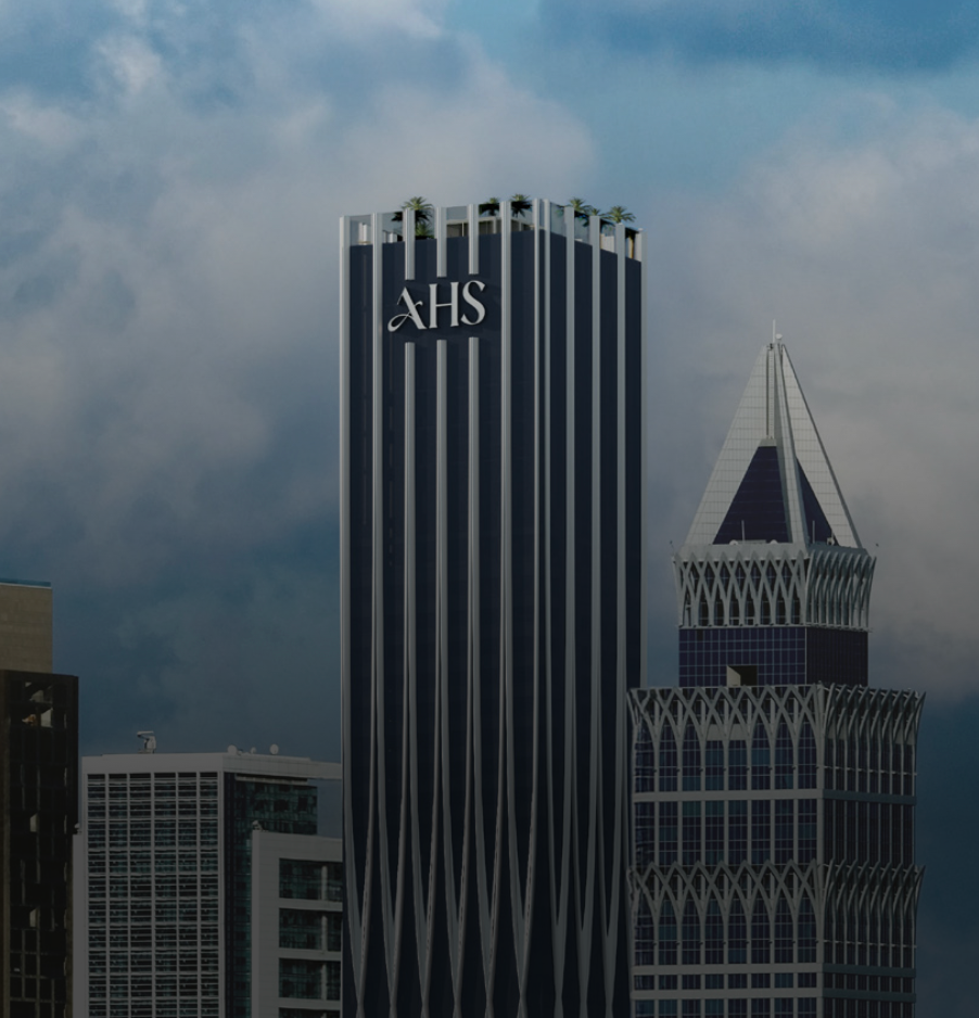 AHS Tower rising above Sheikh Zayed Road beside DIFC and Downtown Dubai.