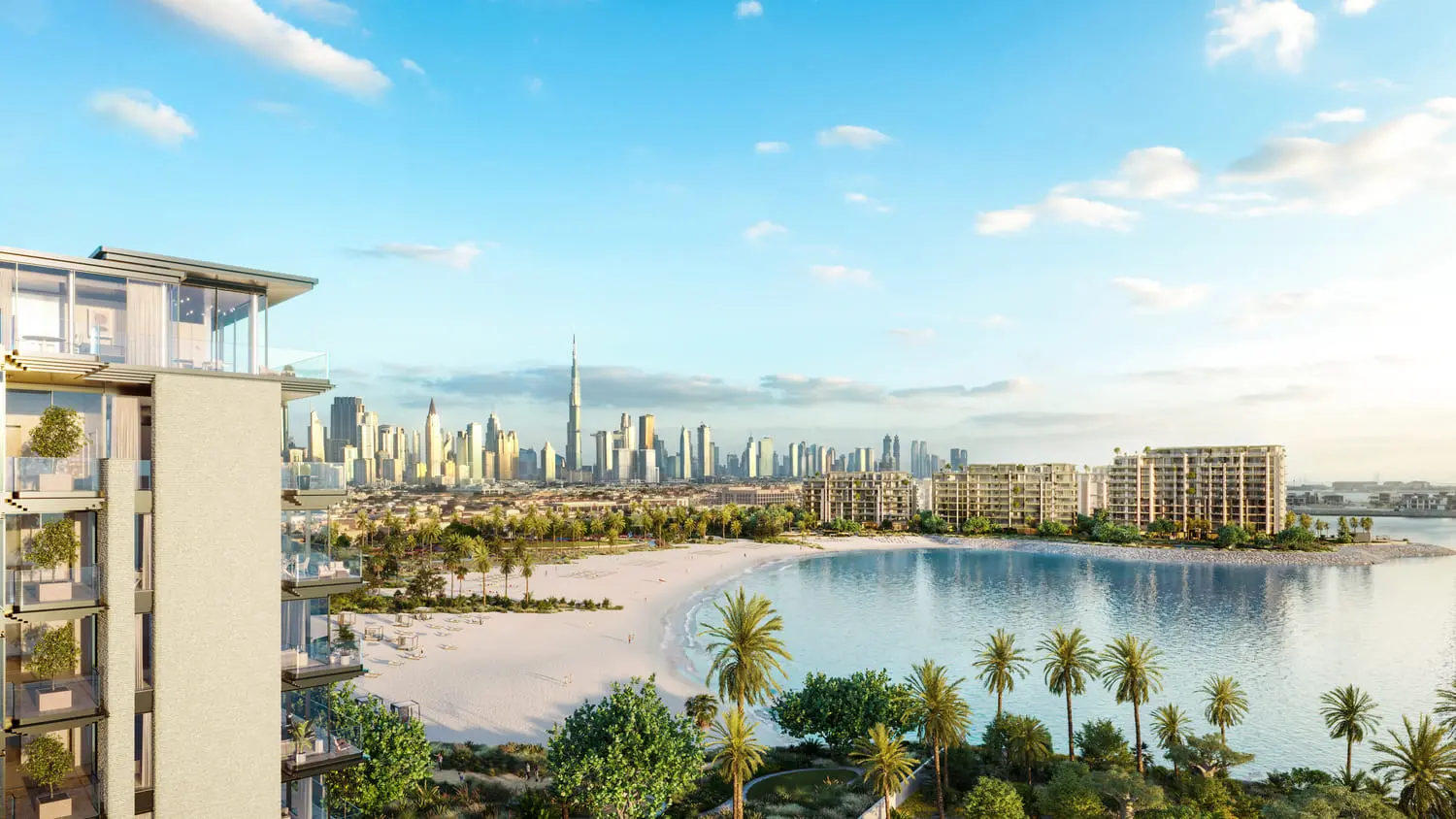 Bird’s-eye beachfront view of Solaya overlooking Port De La Mer and the Dubai coastline.
