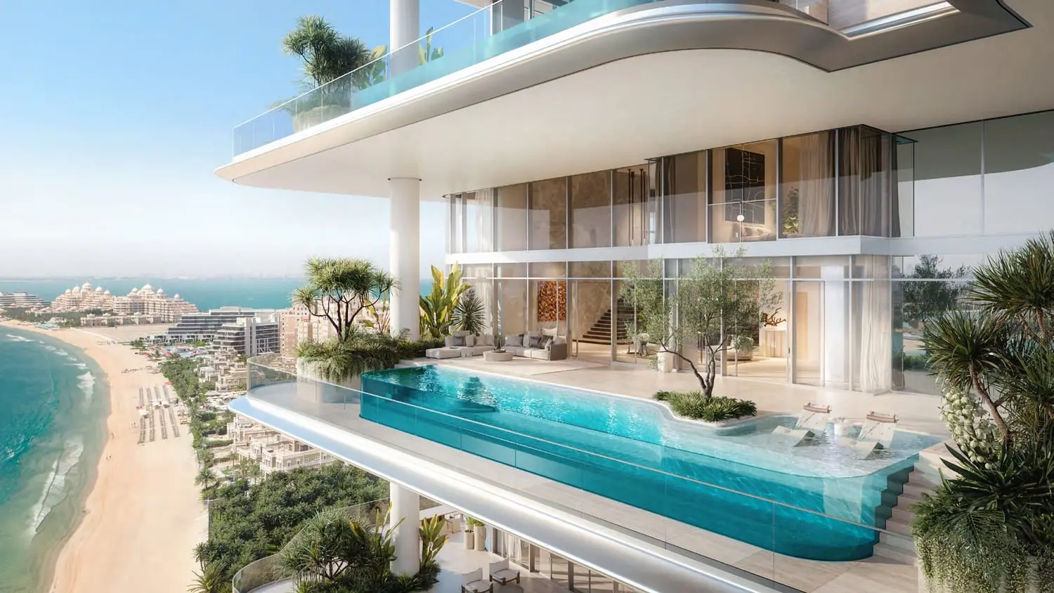 Private terrace with infinity pool overlooking Palm Jumeirah and the Arabian Gulf.