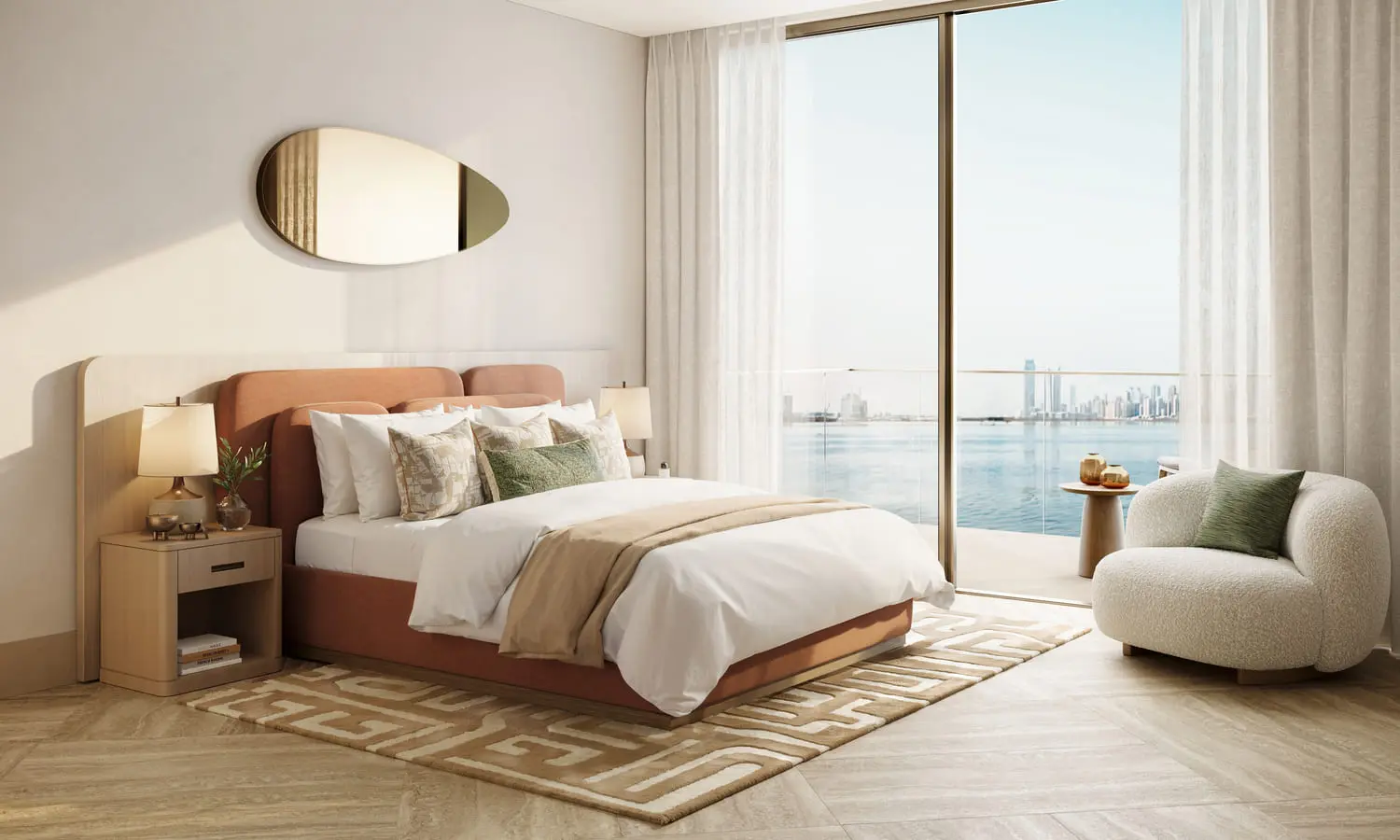 Elegant waterfront bedroom with floor-to-ceiling glazing overlooking the Arabian Gulf.