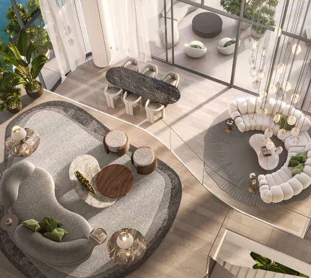 Double-height luxury living room at Passo by Beyond with open-plan waterfront interiors and panoramic views.