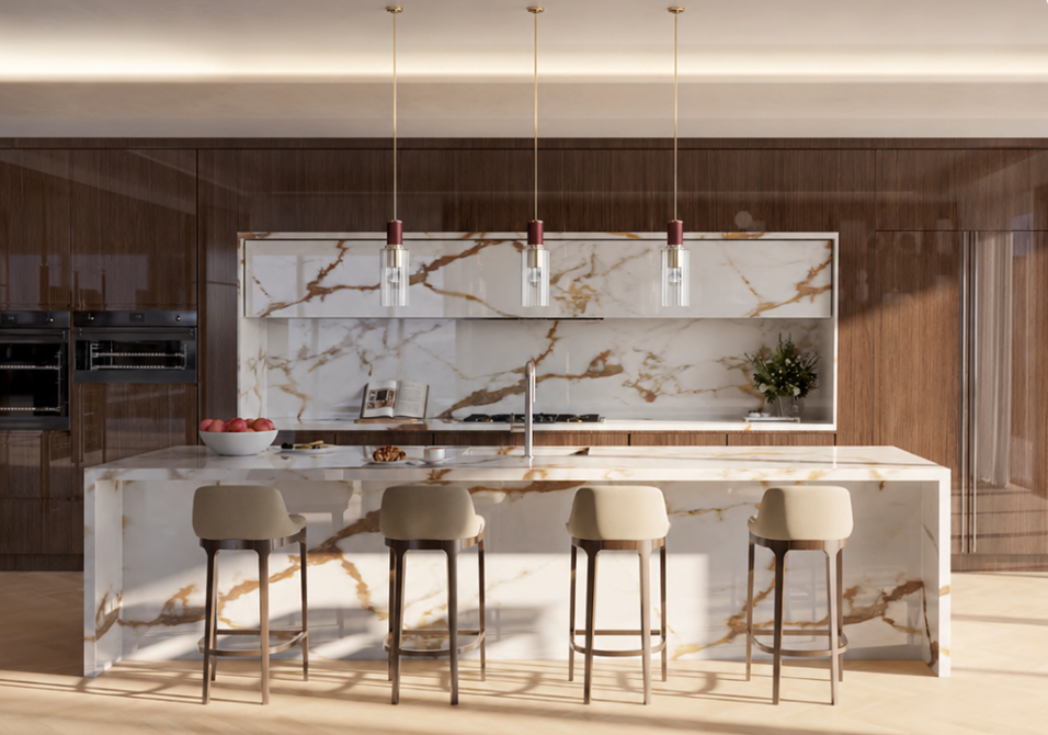 Nobile Collection marble kitchen with Italian finishes and island counter