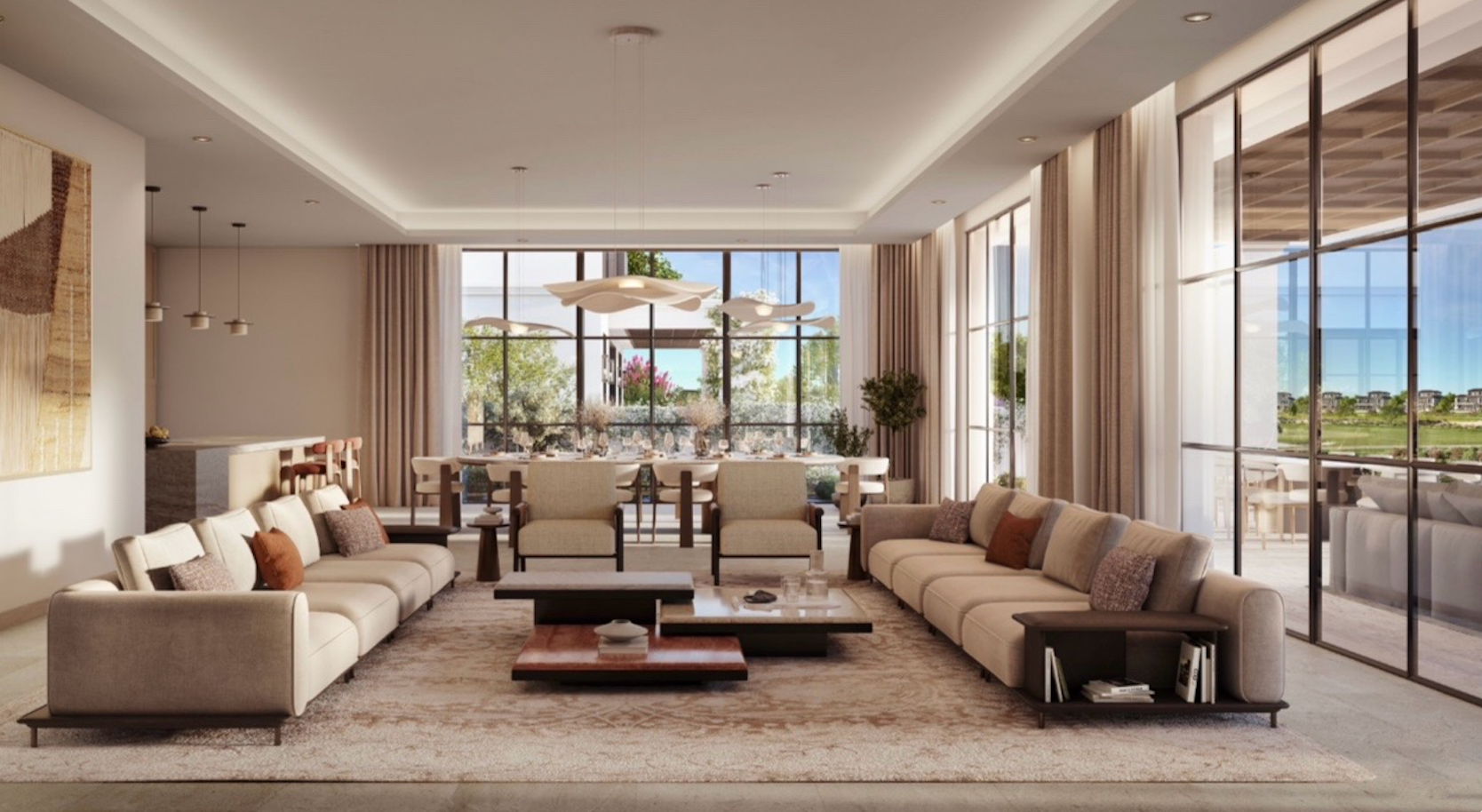 Open-plan living and dining room overlooking golf fairways at Hudayriyat Golf Estates.