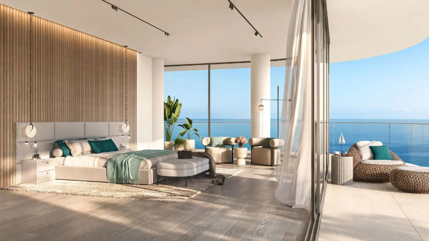 Luxury waterfront bedroom with panoramic sea views at Passo by Beyond on Palm Jumeirah.