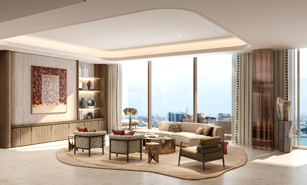 Open-plan waterfront living with panoramic skyline views at Jumeirah Residencies Al Maryah Island.