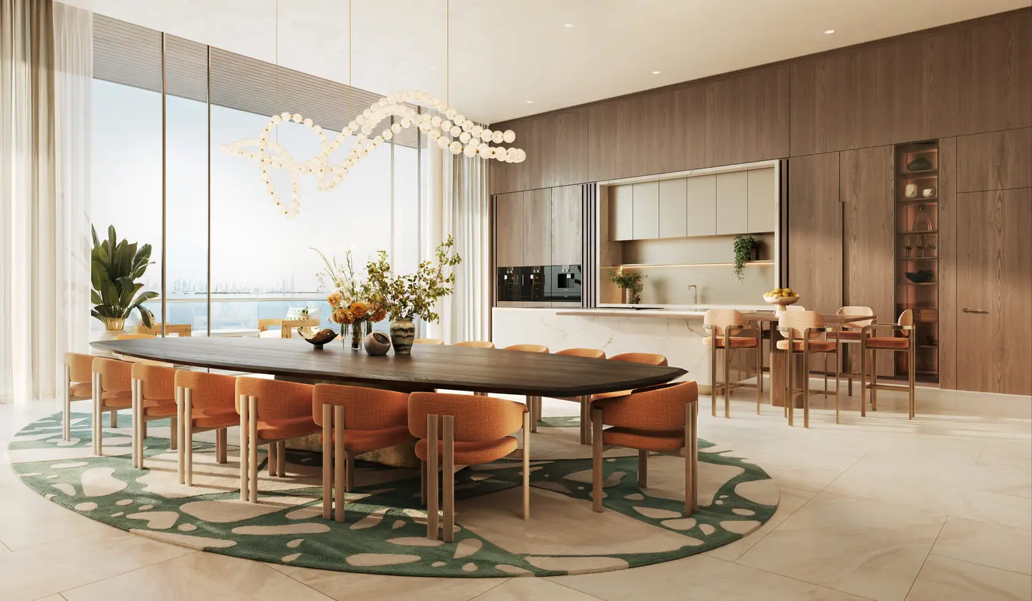 Contemporary open-plan dining and living area with refined luxury finishes and coastal views.