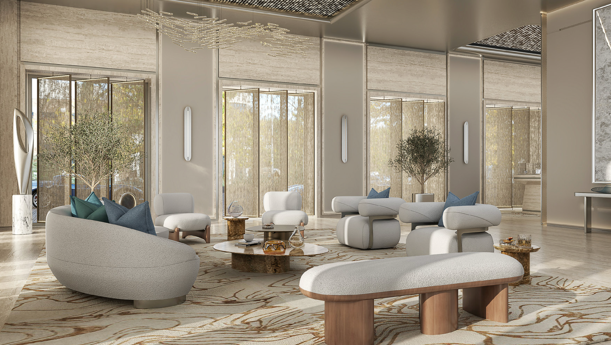Elegant lobby lounge at AHS Tower overlooking Sheikh Zayed Road and Dubai’s financial district.