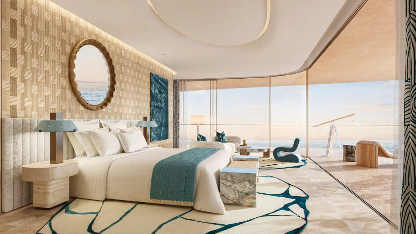 Ultra-prime waterfront bedroom with floor-to-ceiling sea views in Jumeirah Asora Bay.