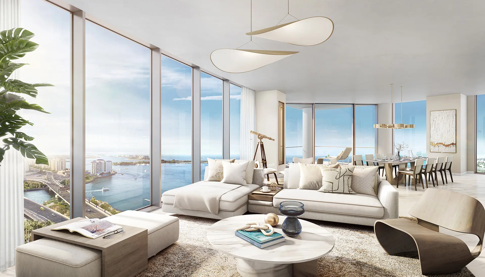 Contemporary open-plan living room with panoramic waterfront views overlooking Palm Jumeirah.