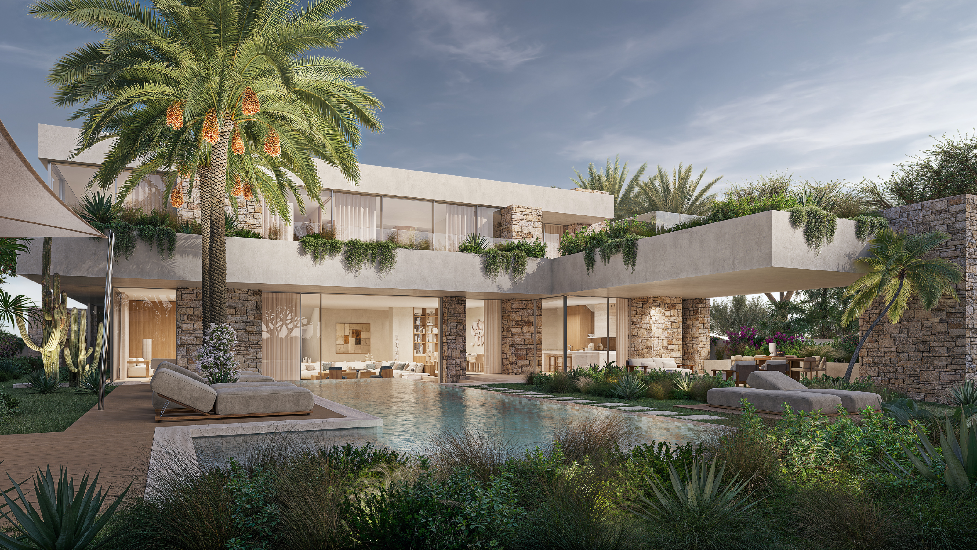 Luxury villa exterior with private pool, landscaped gardens and contemporary architecture.