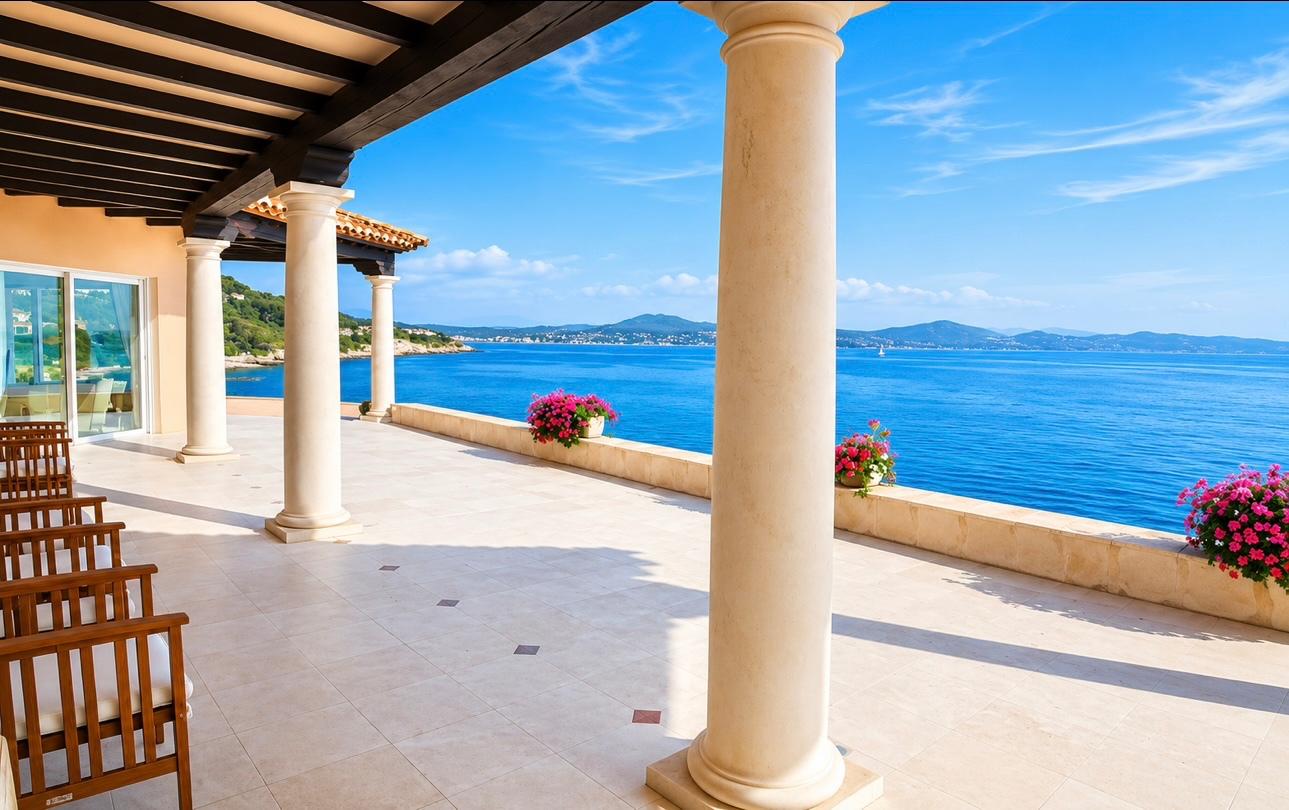 Private waterfront balcony overlooking the Mediterranean within Le Parc de Saint-Tropez.