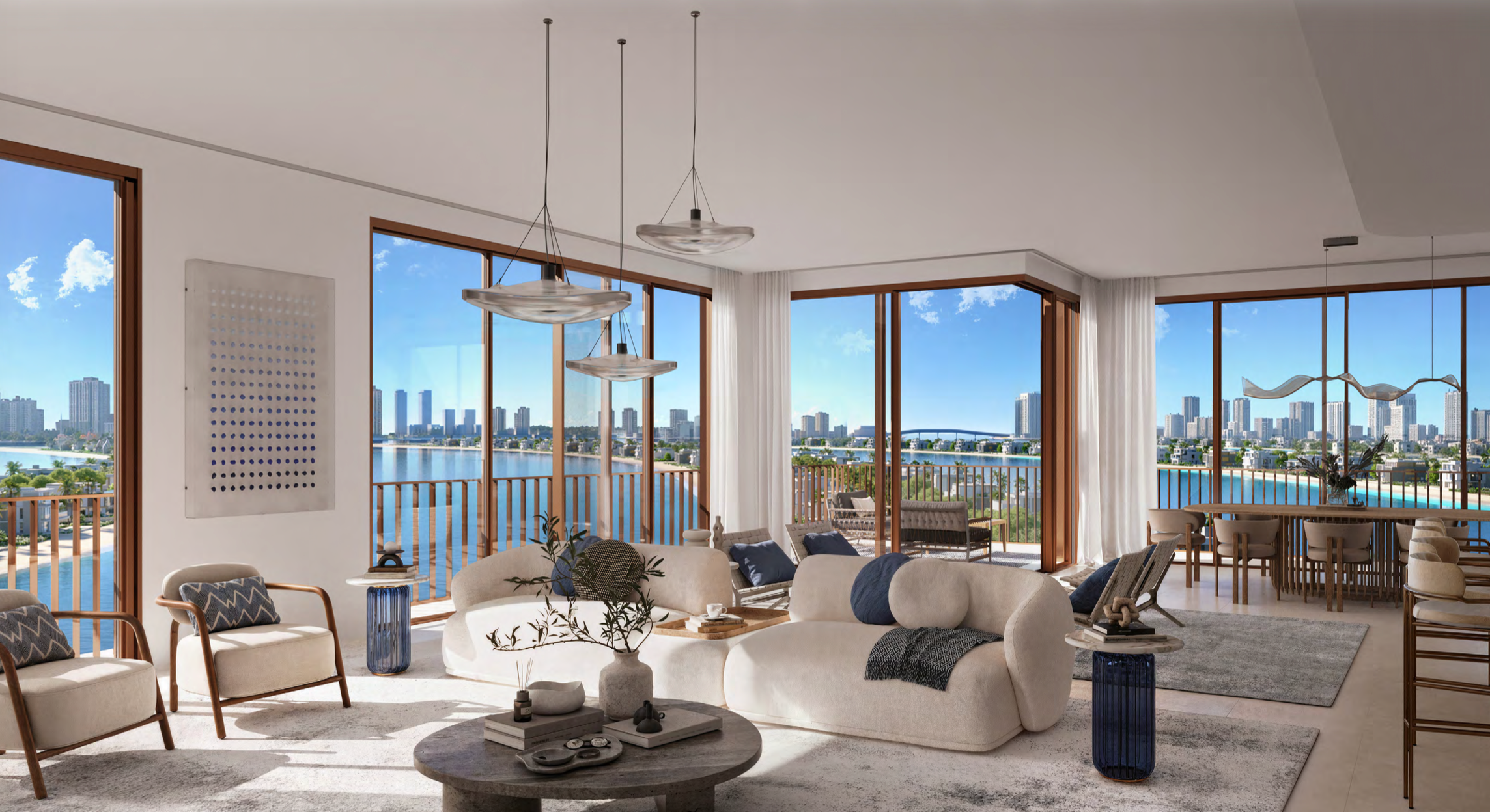 Open-plan living room with floor-to-ceiling windows overlooking the Palm Jebel Ali waterfront.