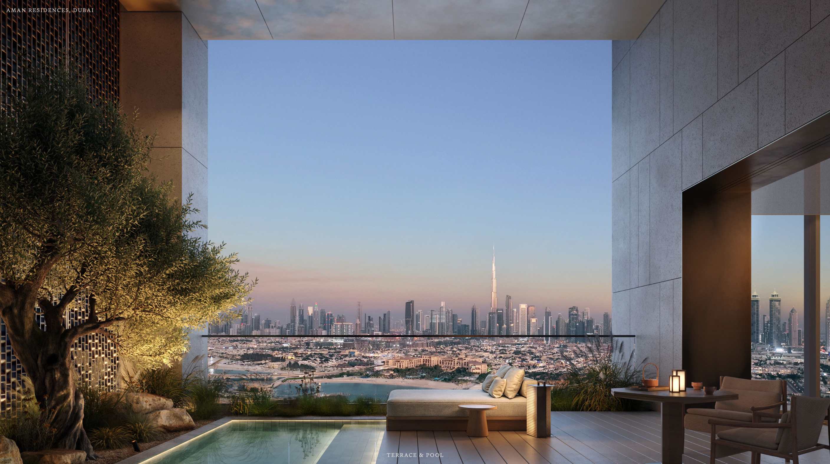 Private terrace with swimming pool overlooking the Arabian Gulf and Dubai skyline.