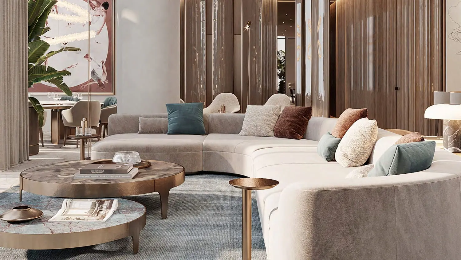 Open-plan luxury living room interior.