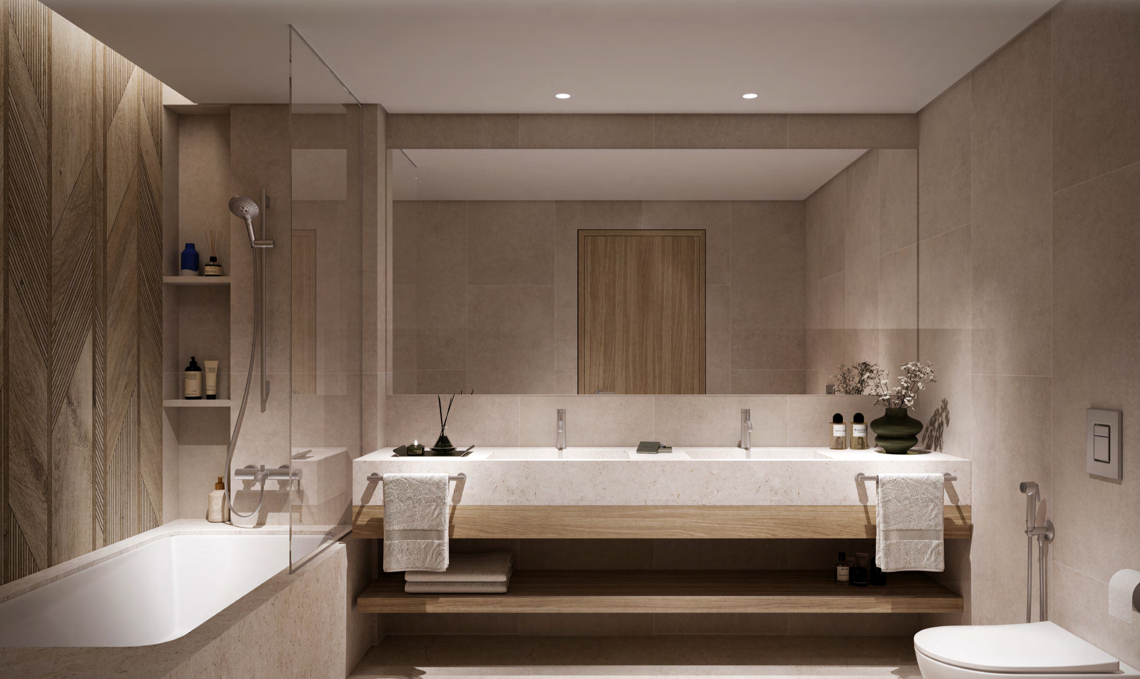 Spa-inspired marble bathroom with premium finishes and resort-style design details.