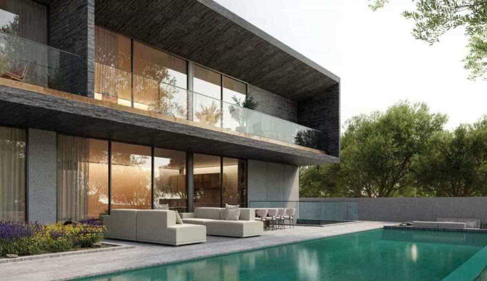 Contemporary private villa with side pool terrace and landscaped outdoor living area.