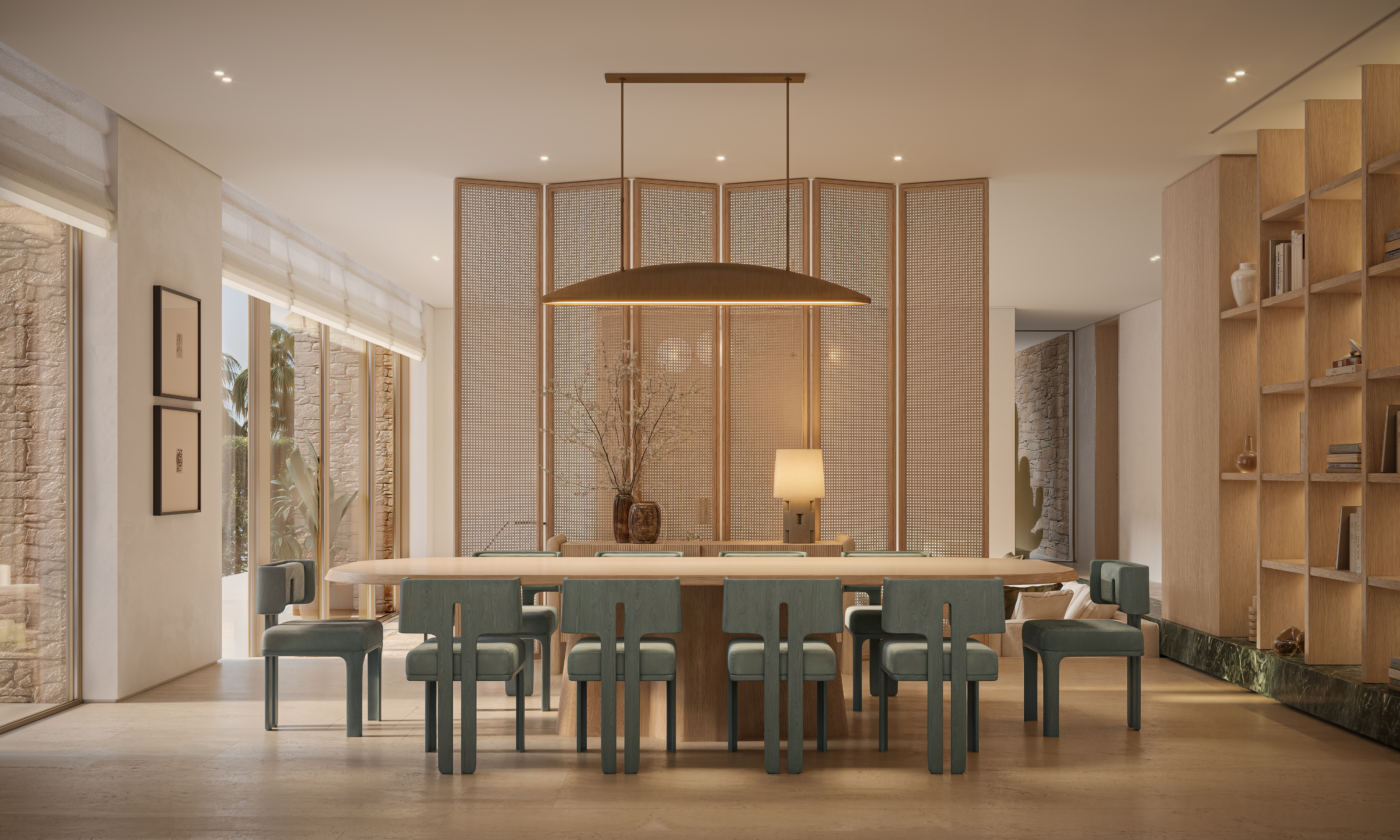 Elegant dining area with natural light and seamless indoor-outdoor living.