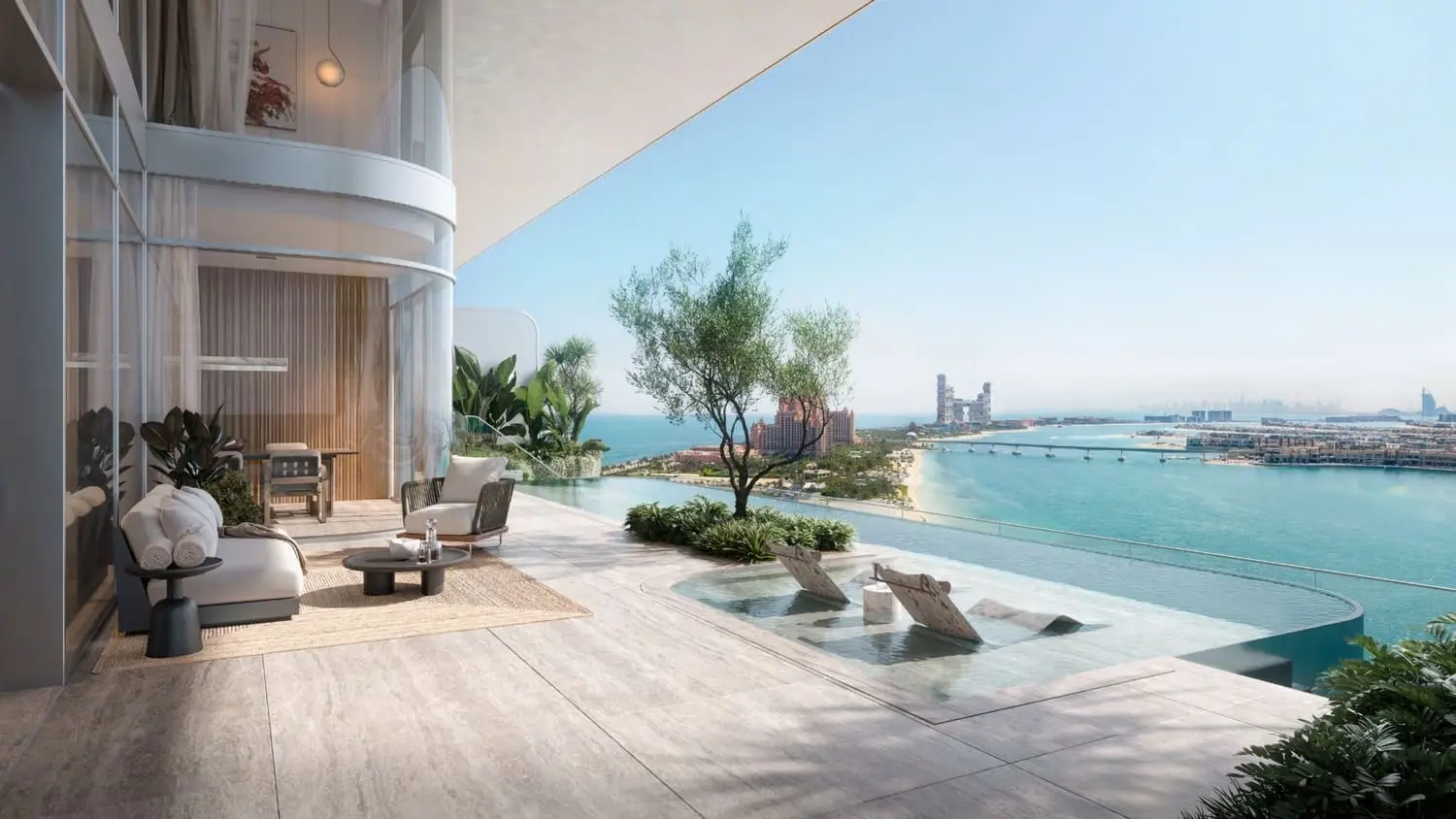 Sea-facing terrace with private pool and panoramic Palm Jumeirah views.
