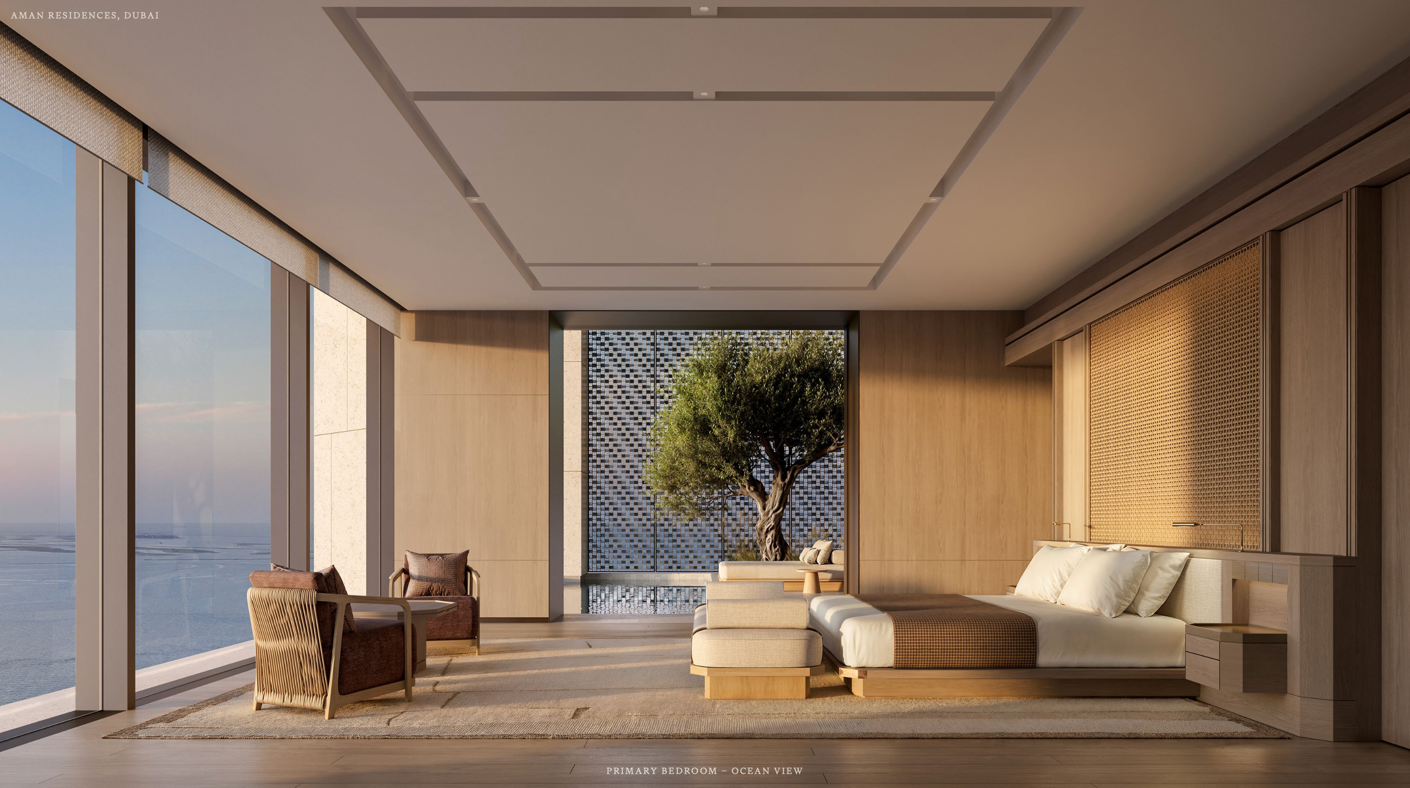 Luxury bedroom suite designed by Kerry Hill Architects with waterfront views and refined finishes.