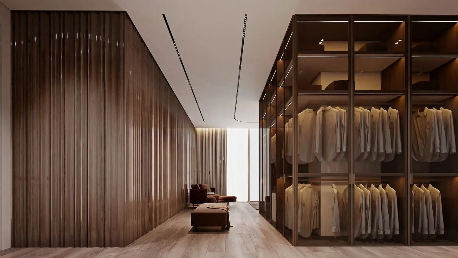 Luxury walk-in wardrobe interior.