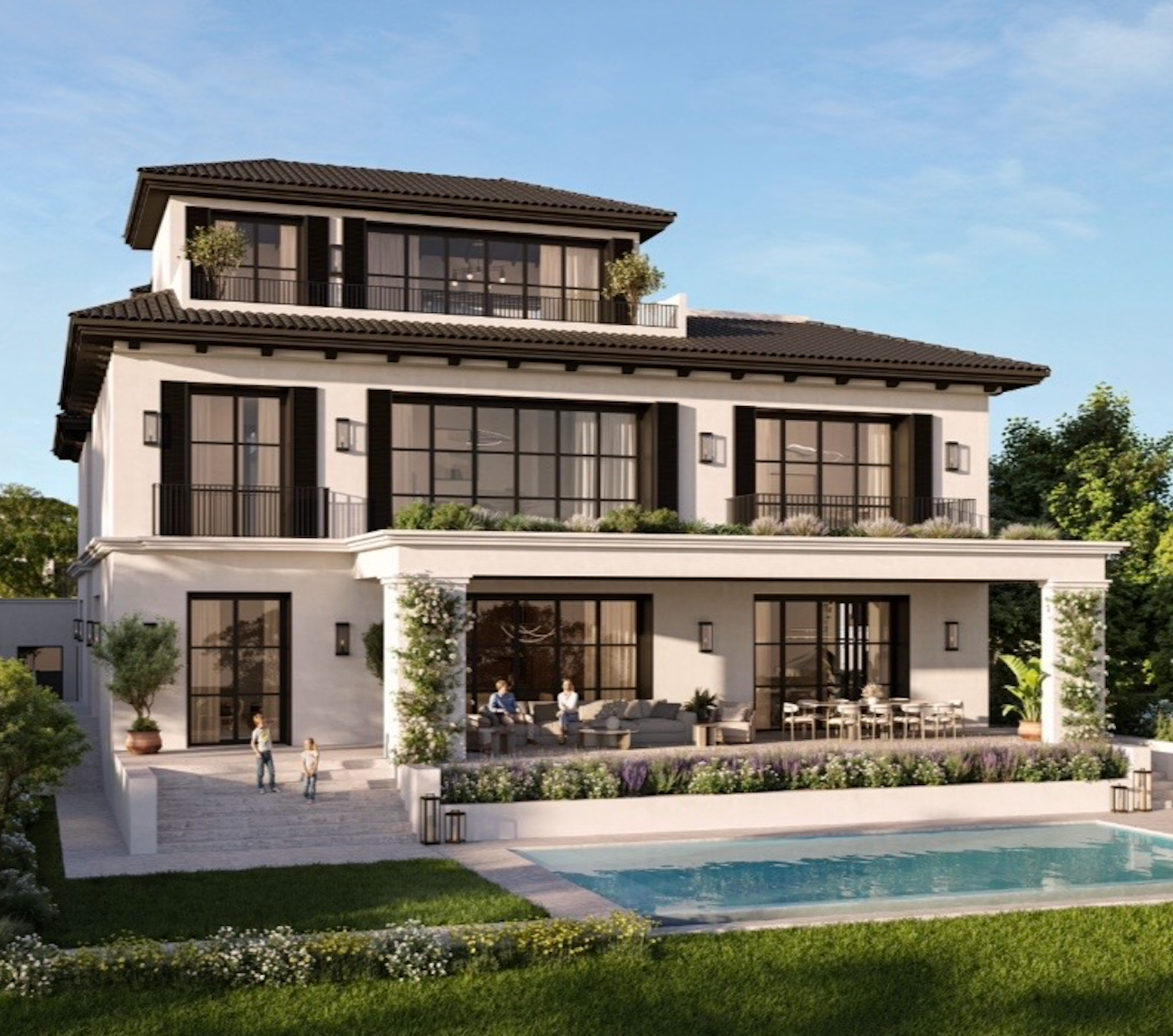 Luxury villa illuminated at dusk with private pool at Hudayriyat Golf Estates.