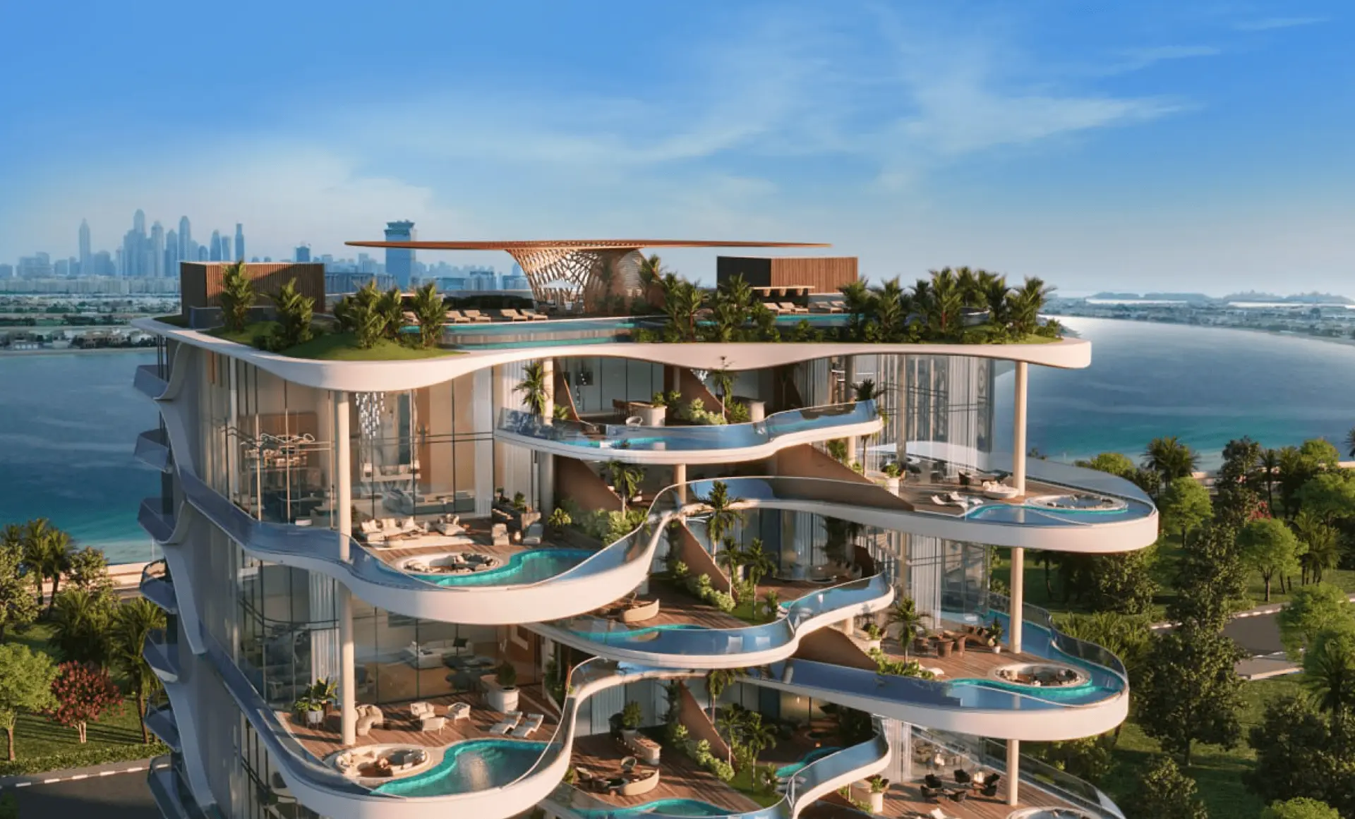 Bird’s-eye view of sculpted waterfront residences with private pools overlooking Palm Jumeirah.