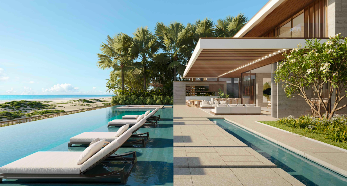 Resort-style beachfront pool with cabana seating overlooking Saadiyat Beach and the Arabian Gulf.