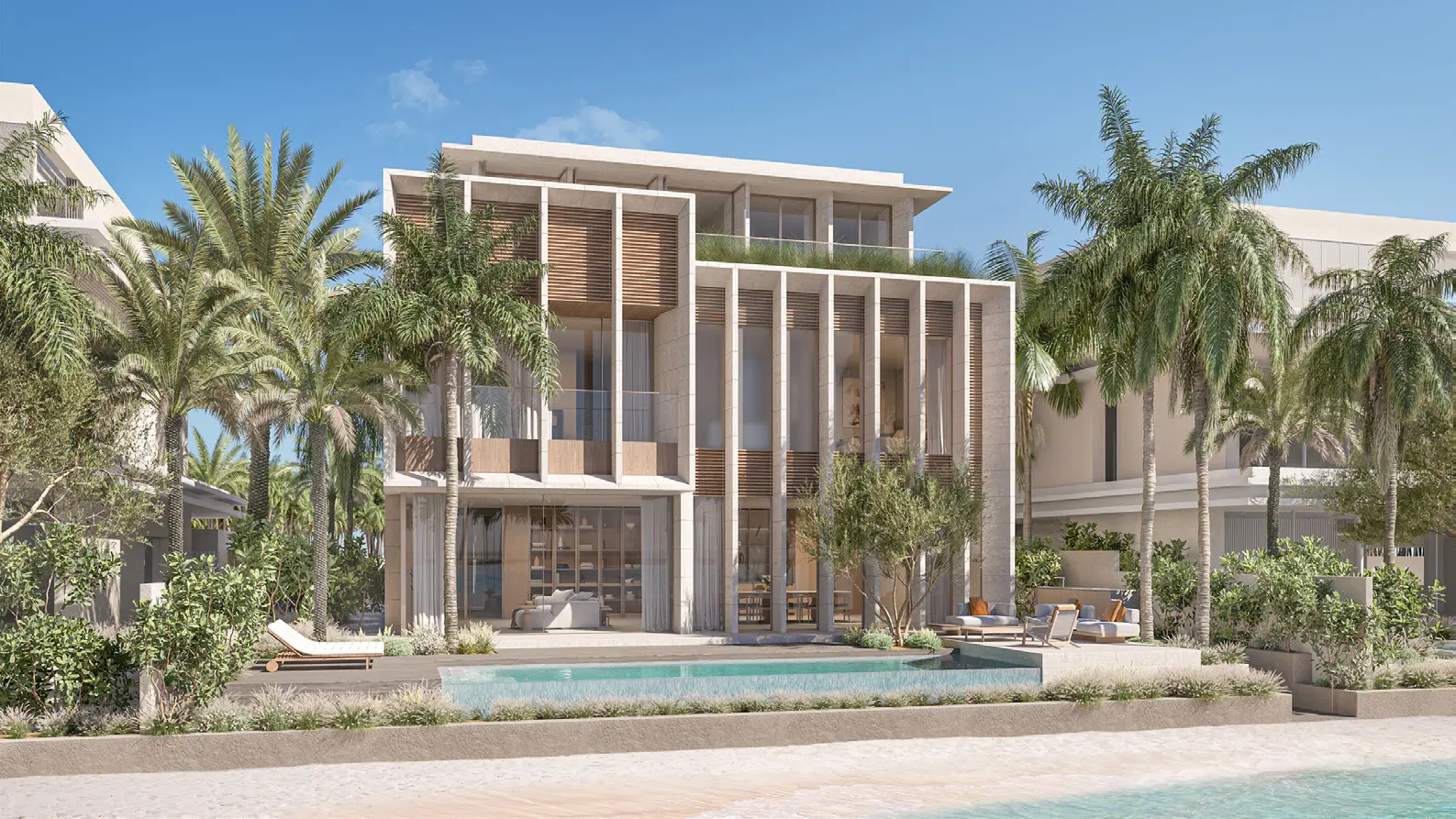 Modern beachfront villa at Palm Jebel Ali with private driveway and tropical landscaping.