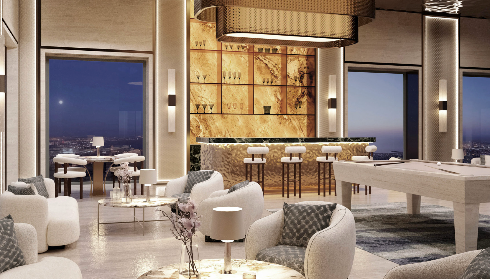 Private executive bar lounge with panoramic Dubai skyline and sunset city views.