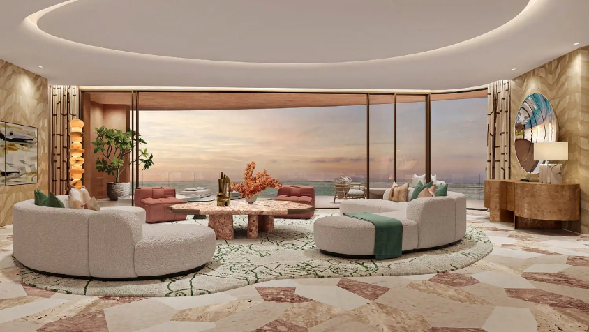 Open-plan luxury living room with panoramic waterfront views at Jumeirah Asora Bay.
