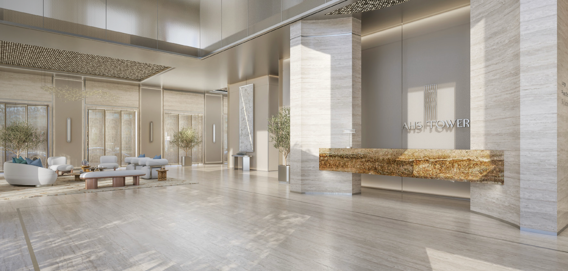 Luxury double-height lobby at AHS Tower with contemporary finishes and hospitality-inspired interiors.