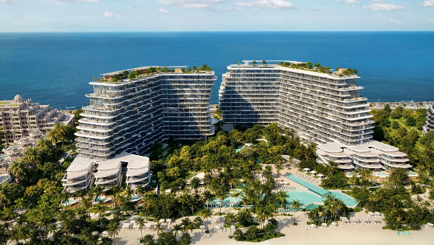 Aerial view of Passo by Beyond on Palm Jumeirah with waterfront pools and landscaped beachfront residences.