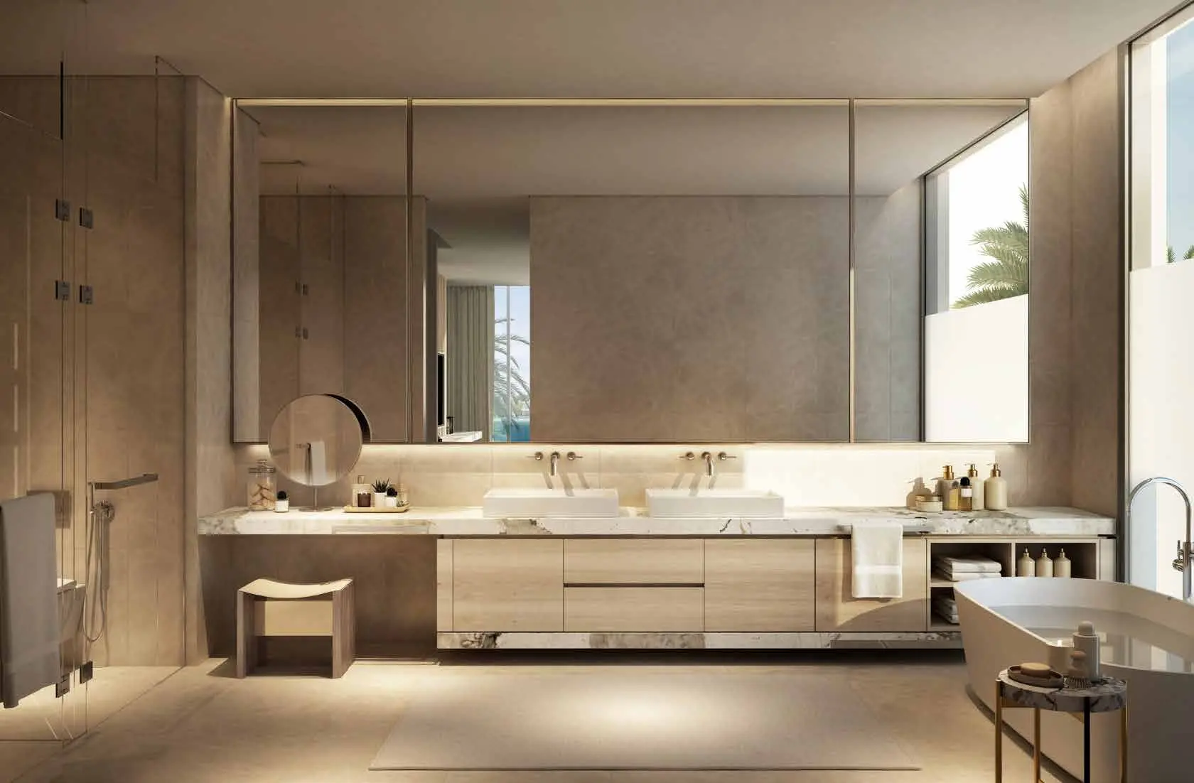 Spa-inspired marble bathroom with contemporary luxury finishes and ambient lighting.