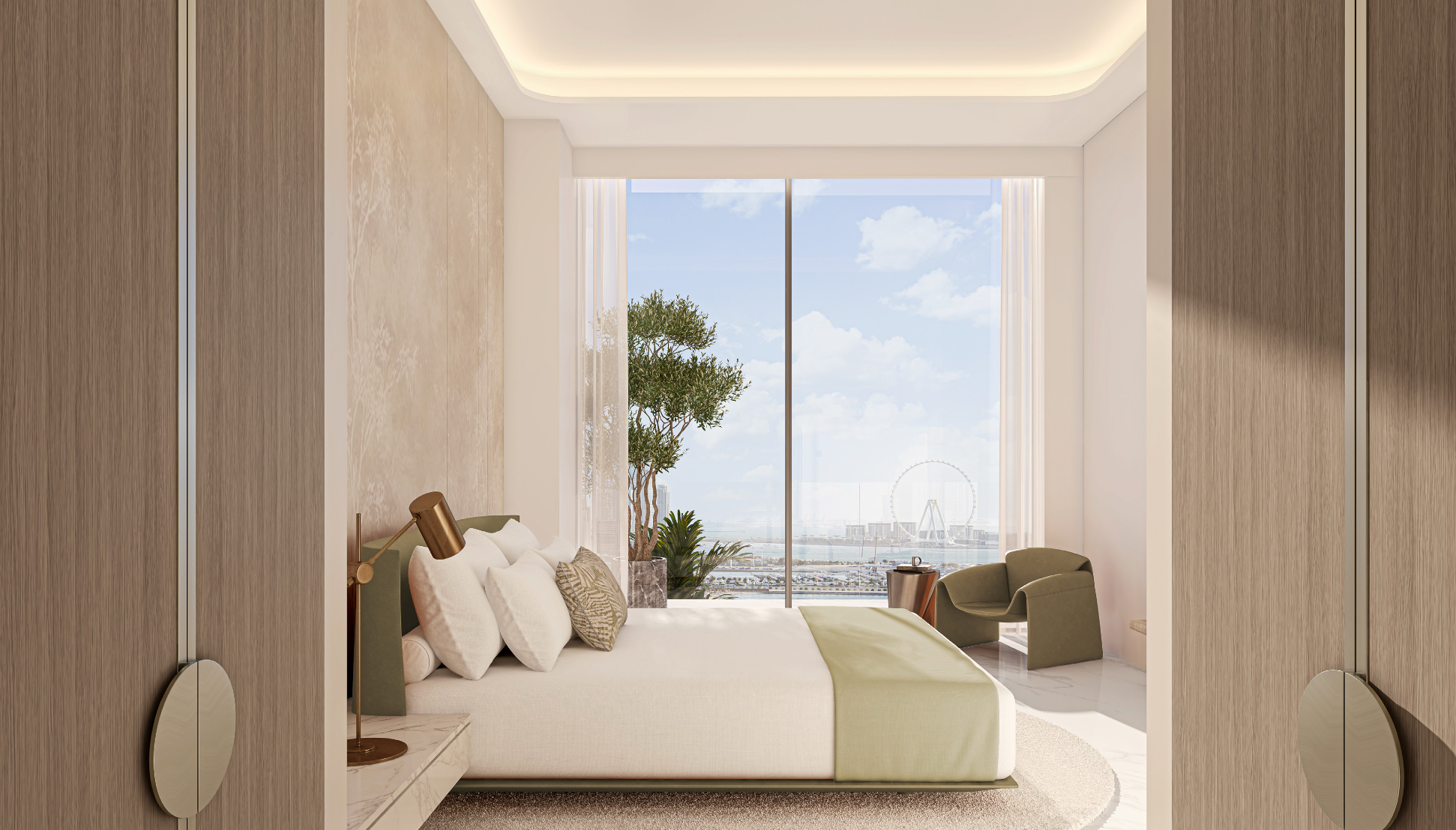 Elegant waterfront bedroom with panoramic Palm Jumeirah and sea views.