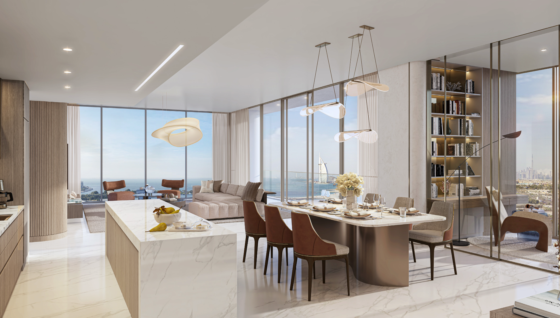 Luxury waterfront living area with floor-to-ceiling windows overlooking the Arabian Gulf.