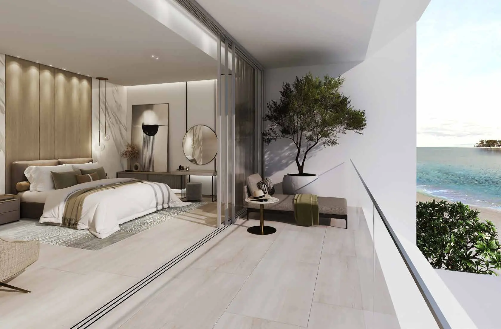 Elegant waterfront bedroom with panoramic sea views and refined neutral interiors.
