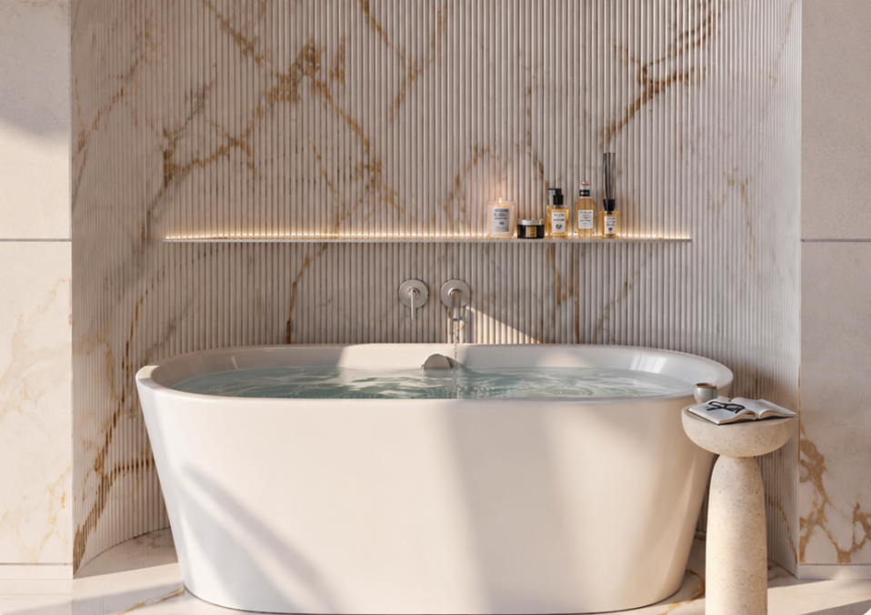 Spa-style marble bathroom with freestanding bathtub and luxury finishes