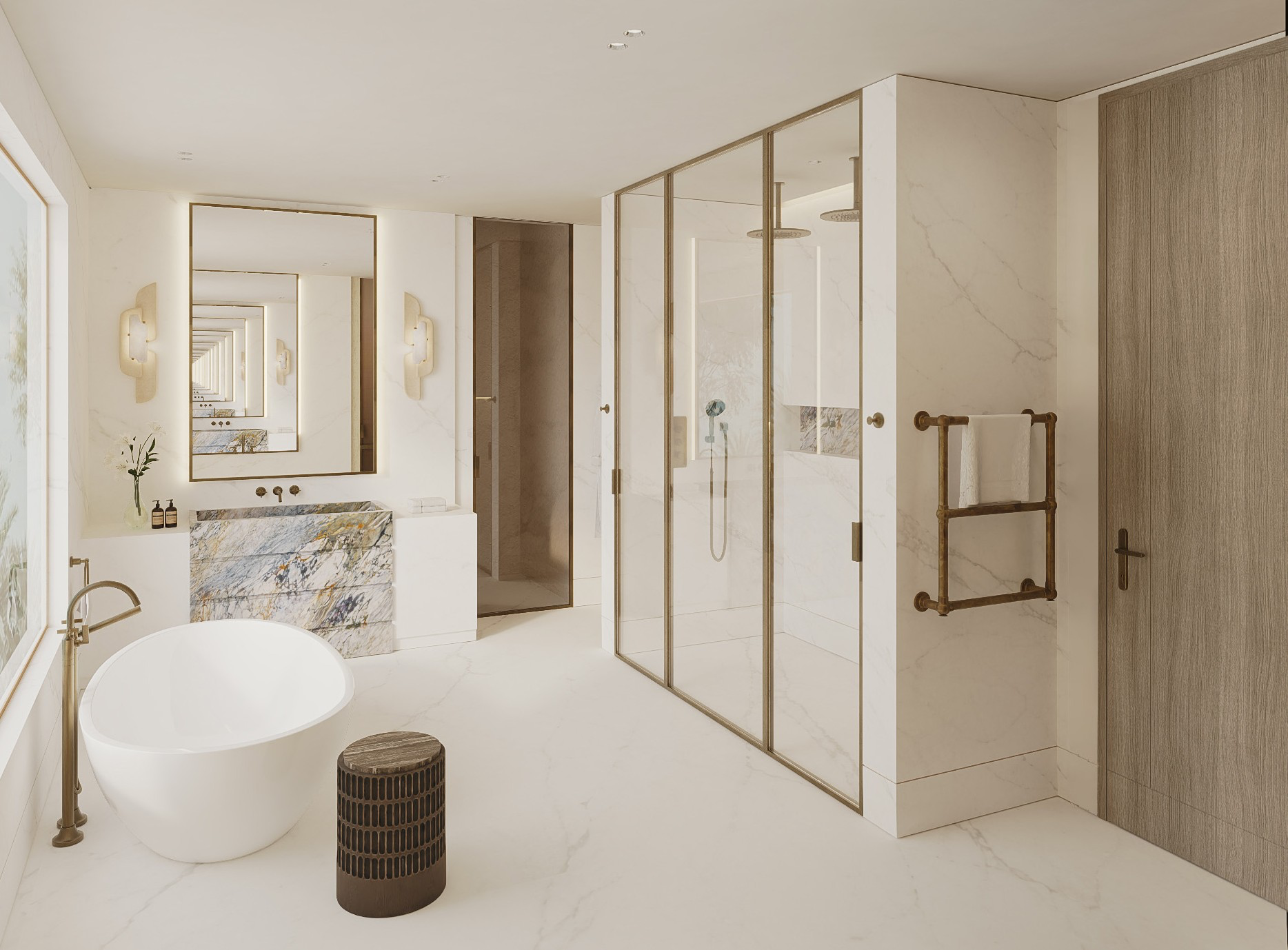 Spa-inspired marble bathroom with premium finishes and natural light.