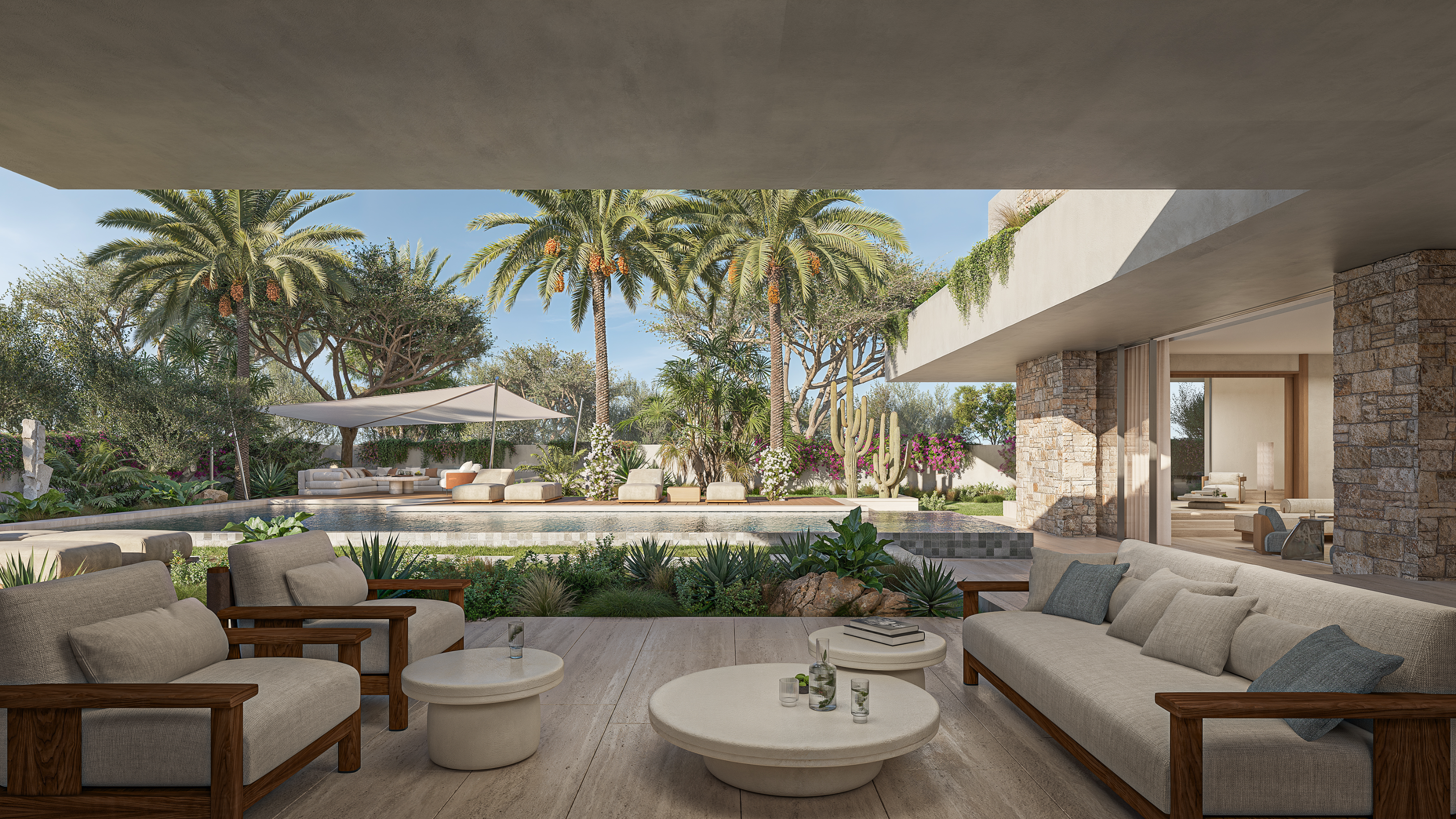 Private terrace with palm trees overlooking landscaped gardens at Eden Hills.